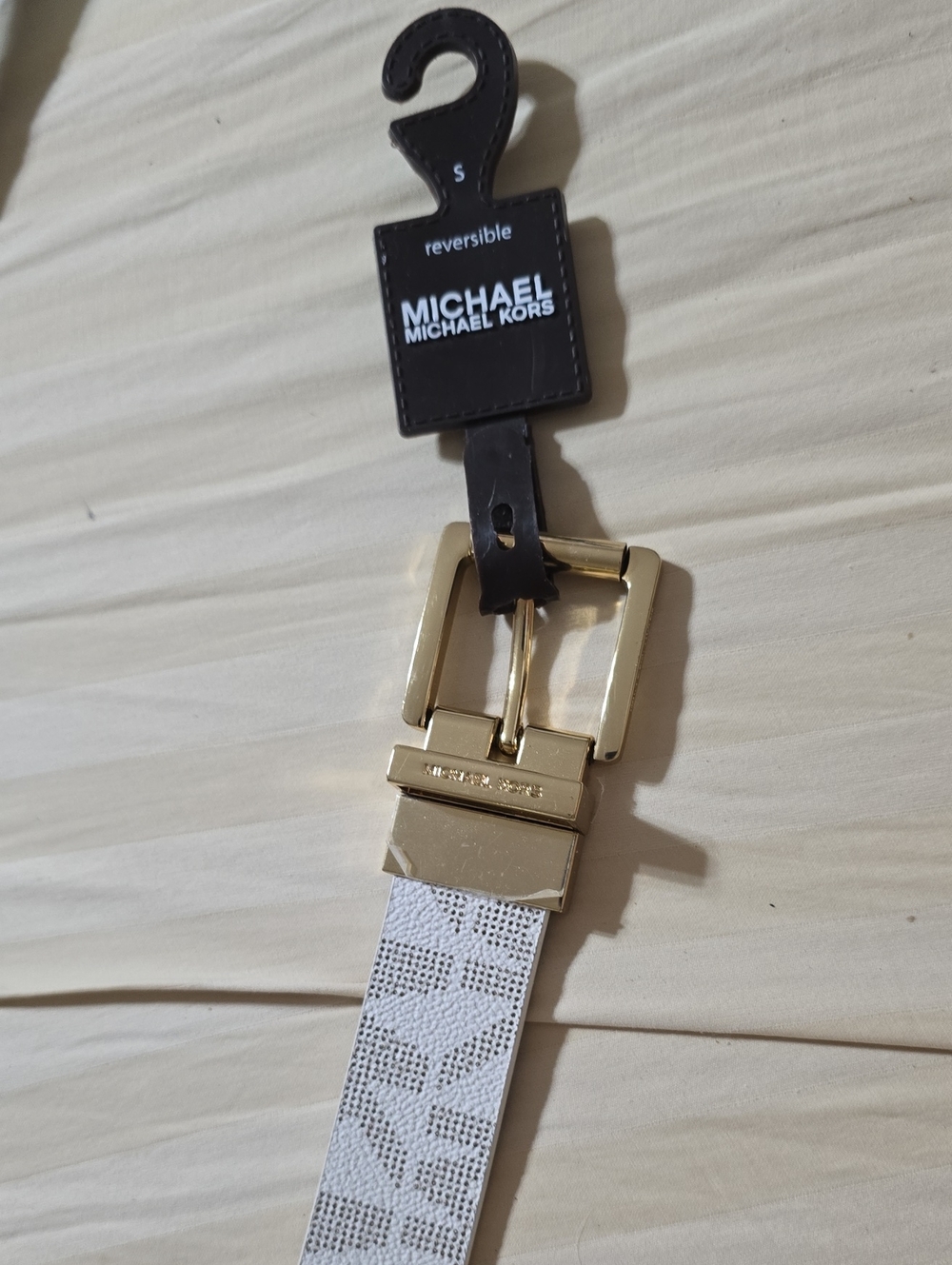 Michael Kors Womens Reversible White Logo Belt with Gold Buckle